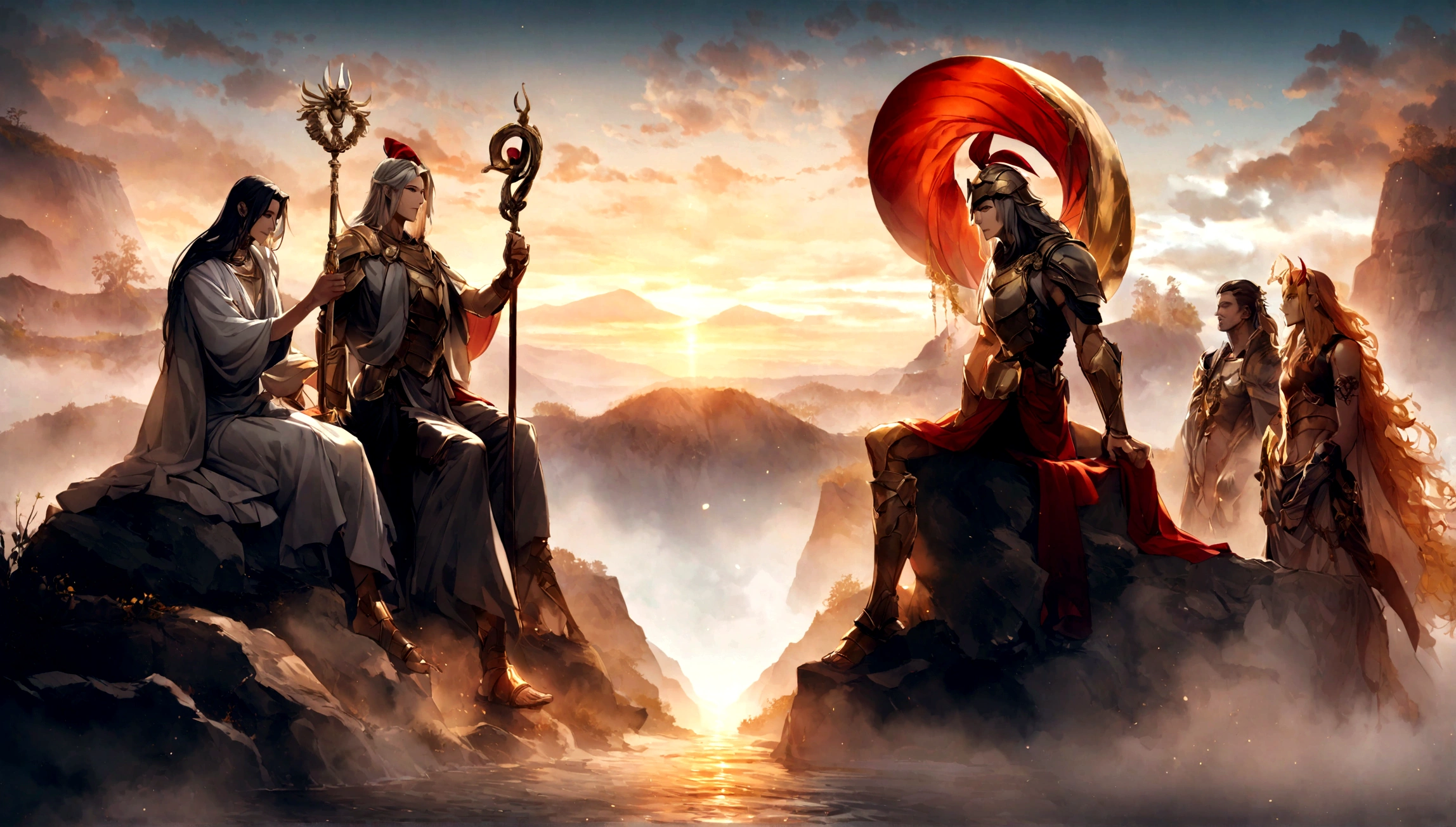Create image depicts a mystical sunset scene with four mythological figures. On the left is Hades, retratado como uma figura majestosa e poderosa com longos, cabelos grisalhos, wearing a black robe adorned with dark details and holding a scepter. Para o centro-esquerda, Pollux is sitting on a rock, dressed in a simple light gray tunic, de frente para Castor, who is on the center right. Castor is dressed in full Spartan armor, com bronze polido e detalhes em vermelho e dourado, symbolizing their connection to the mortal realm. On the far right is Hermes, the young and agile messenger of the gods, usando uma luz, fluid tunic with golden details, winged sandals, e um capacete alado. Ele segura um caduceu, a staff with two intertwined serpents and wings on top. The background features a golden sunset with mountains and dense fog, creating an atmosphere of enchantment and divine presence. The lighting is soft and dramatic, with golden and orange tones highlighting the scene and giving it an ethereal and reverent mood.