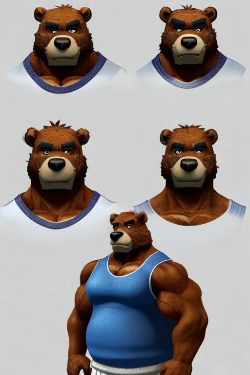 Furry urso, （（tmasterpiece）），（（（best qualtiy））），（CharacterDesignSheet，Same role，frontage，Lateral face，on  back），araffe com barba e bigode segurando um espeto de carne, musculoso, big butcher man posing scarily, papai que, corpo robusto e encorpado, Personagem 3D, Personagem 3D, Rasputin como personagem Grubhub, Atarracado, 3 d character render, um personagem baseado em um haggis, macho, muscular character ，solo，Short black ，tmasterpiece，best qualtiy，looking around a corner，full bodyesbian，A detailed，ssmile，sport outfit，Wearing a black sports vest，Glasses as an accessory，charturnbetalora，concept-art，concept art of character，Character sketches，reference sheet，Role table，（simplebackground，white backgrounid： 1.3)