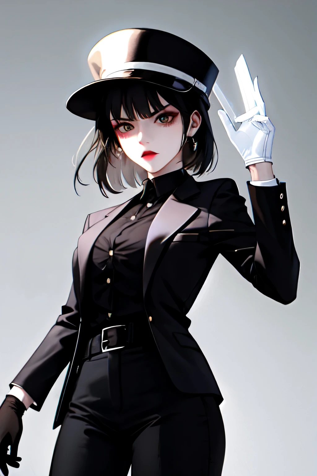 Pretty white girl black hair black medium hat face with angry expression wearing black suit and black pants with gloves on her hands holding a knife