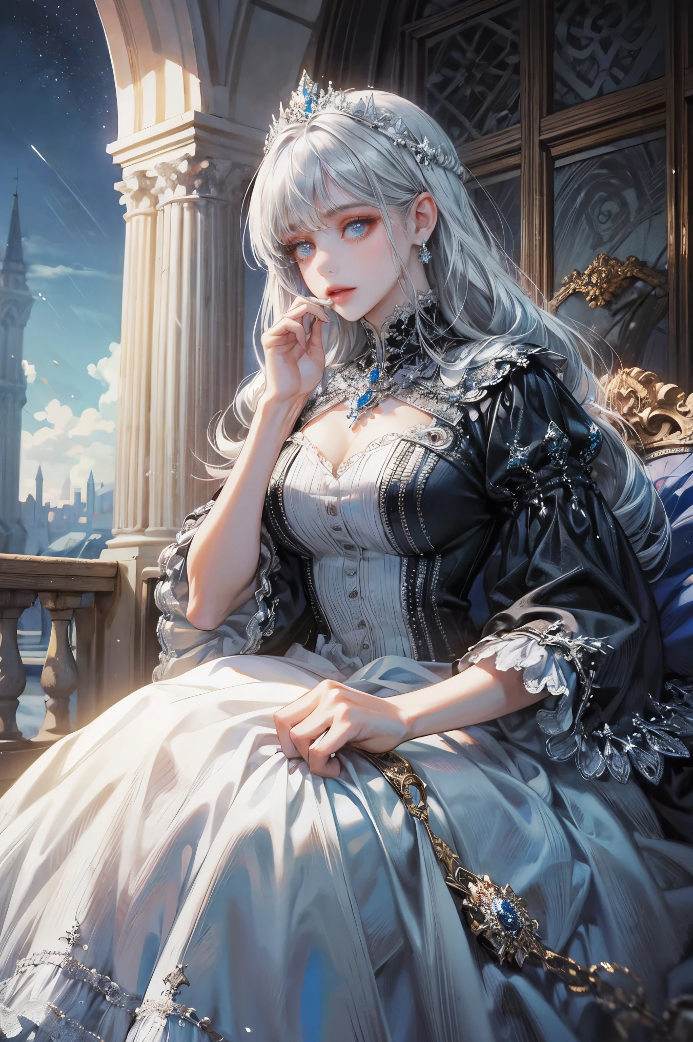 Mujer de cabello plateado, mirando al espectador, ojos azules como el cielo, castillo, nieve, nevando, cae nieve, vestido blanco con mangas largas, joyas, mujer sola, solitaria 