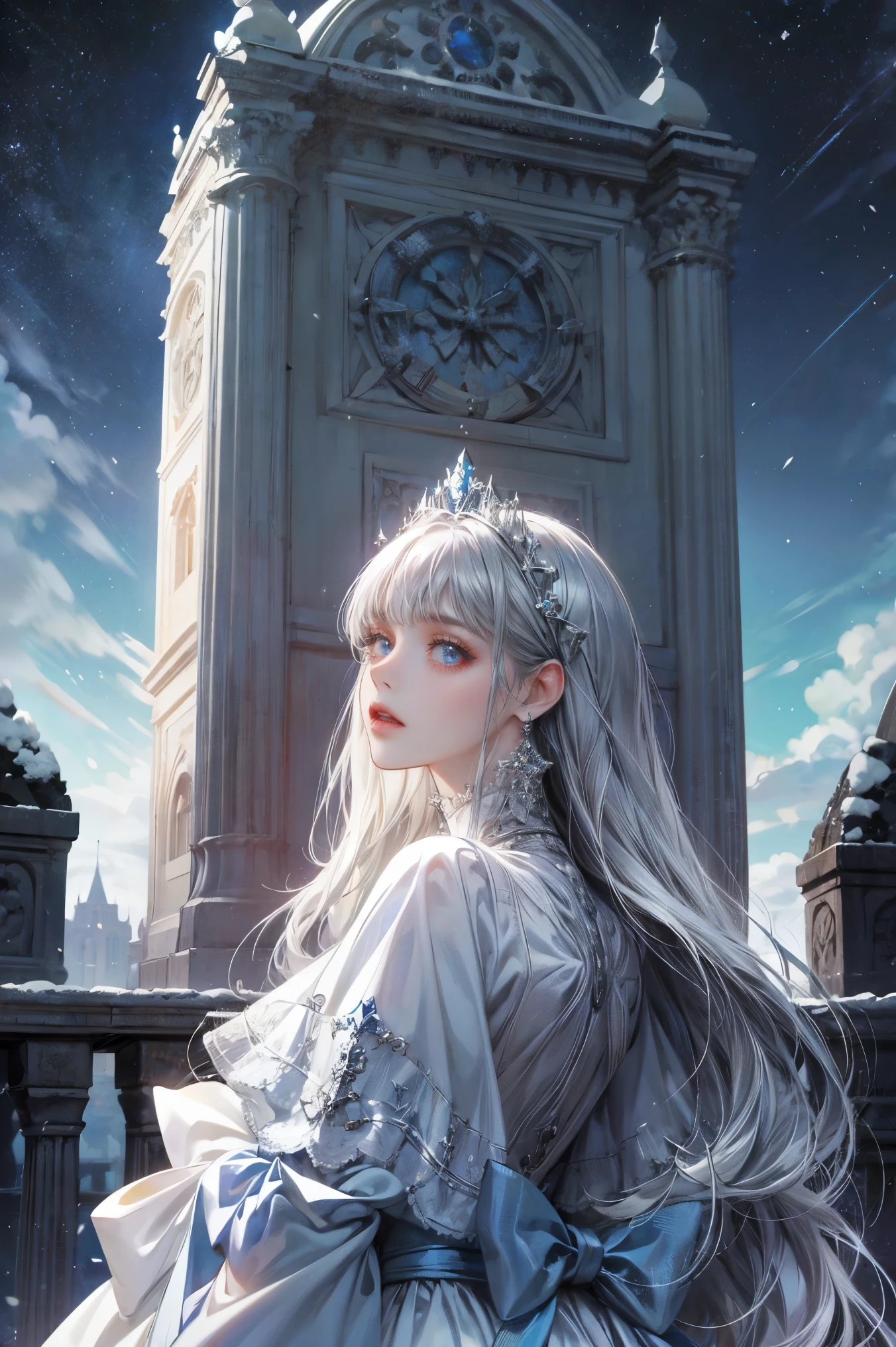 Mujer de cabello plateado, mirando al espectador, ojos azules como el cielo, castillo, nieve, nevando, cae nieve, vestido blanco con mangas largas, joyas, mujer sola, solitaria