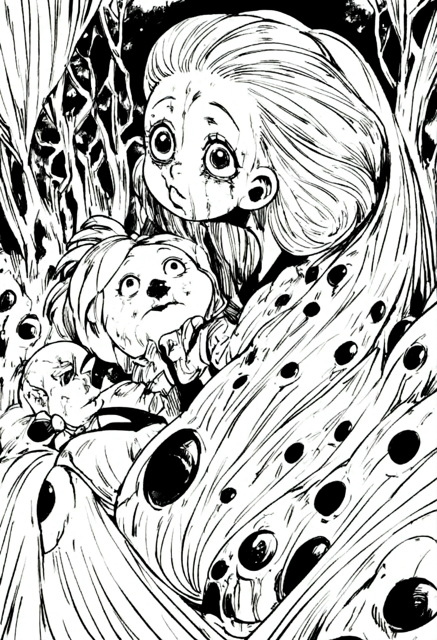 [(Junji Ito:1.5), creepy, dark, black and white, detailed manga line art, scared, psychological horror, grotesque, morbid, surreal], a girl holding a teddy bear, Annie, character from League of Legends
