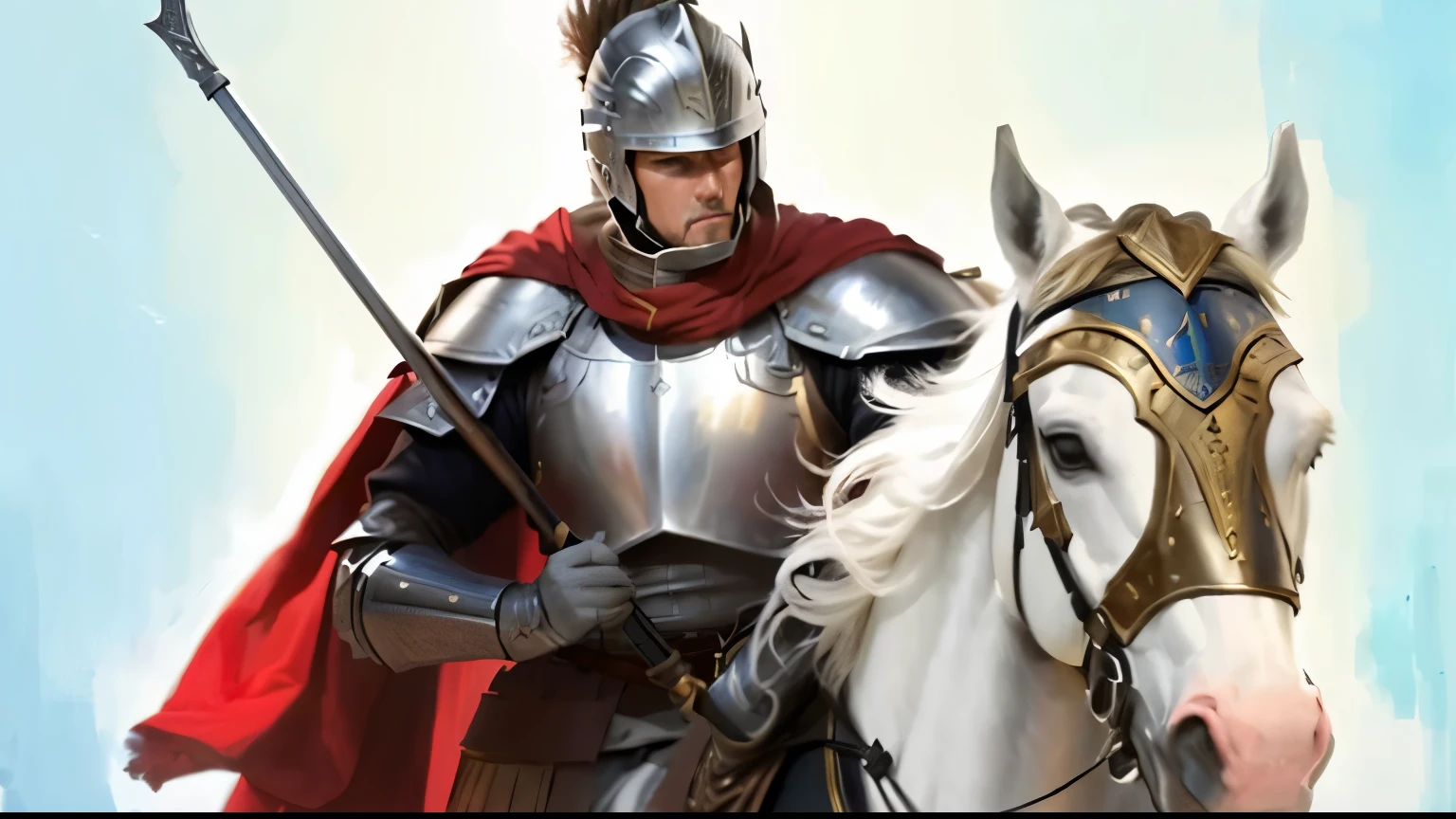 There is a man in armor on a horse with a sword, santo cruzado medieval cavaleiro, santo cruzado medieval, medieval holy crusader cavaleiro, santo cruzado medieval, guerreiro cavalo, cavalaria pesada, Templar, painting of a cavaleiro, Roman centurion, teutonic cavaleiro, donald trump as a cavaleiro, legionnaire romance, conquistador, Maximo Jacobs, cavaleiro