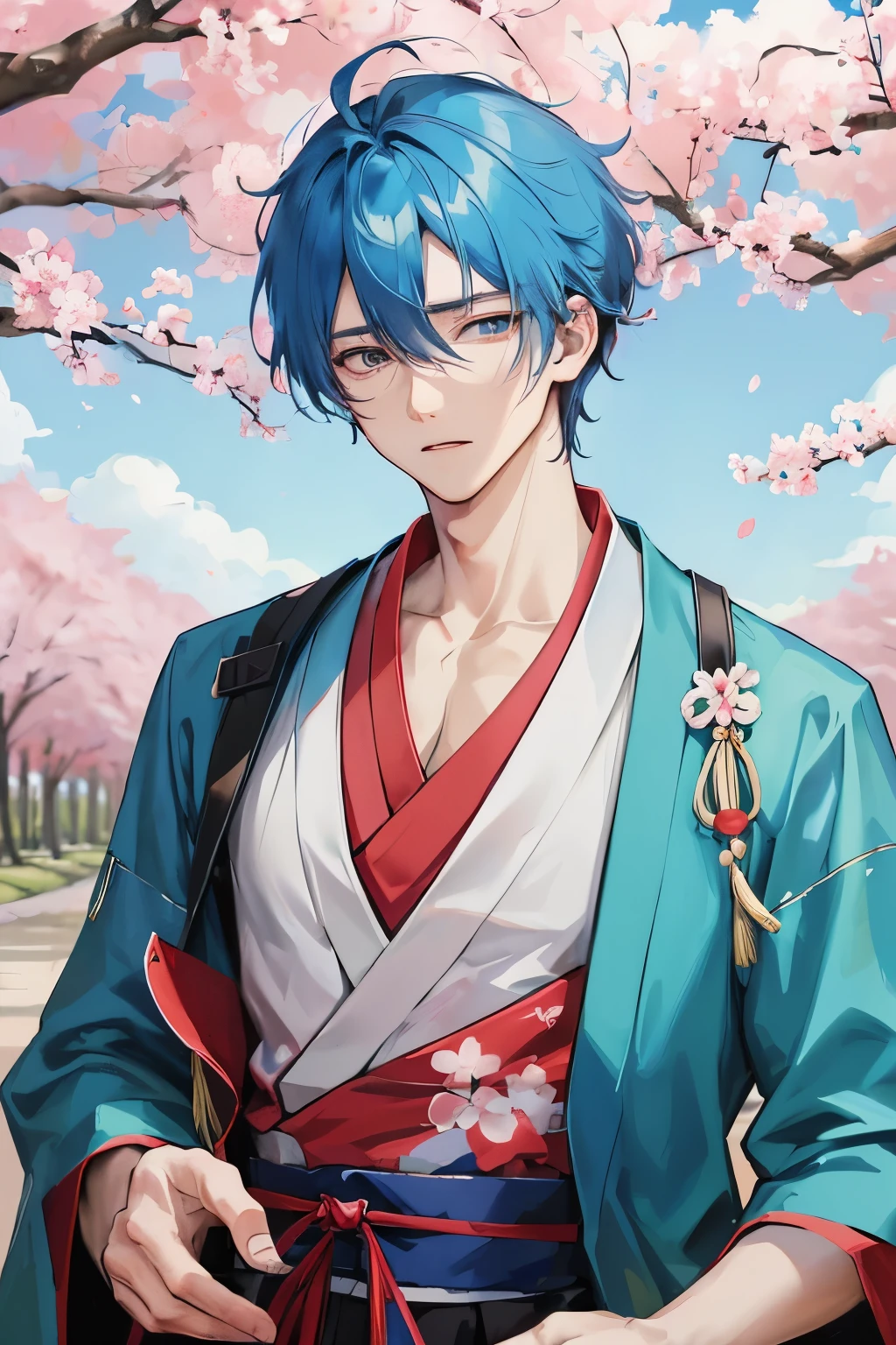 anime boy, disheveled blue hair, large and expressive eyes, donning a traditional Japanese with a red tie, in a serene park filled with cherry blossom trees in the background, petals delicately drifting, emulating a sense of peace and tranquility, digital art with vibrant colors, --ar 16:9 --niji