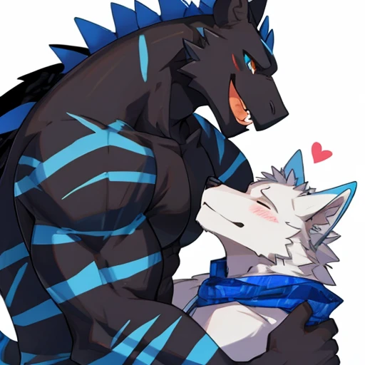 A black dragon (with blue stripes)  fucking a white wolf while and blushing  