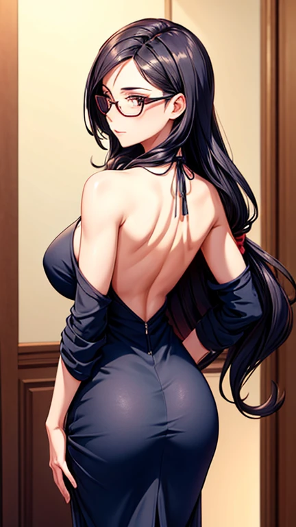 1 milf, long hair, wearing glasses, wearing a backless dress, facing the back, HD