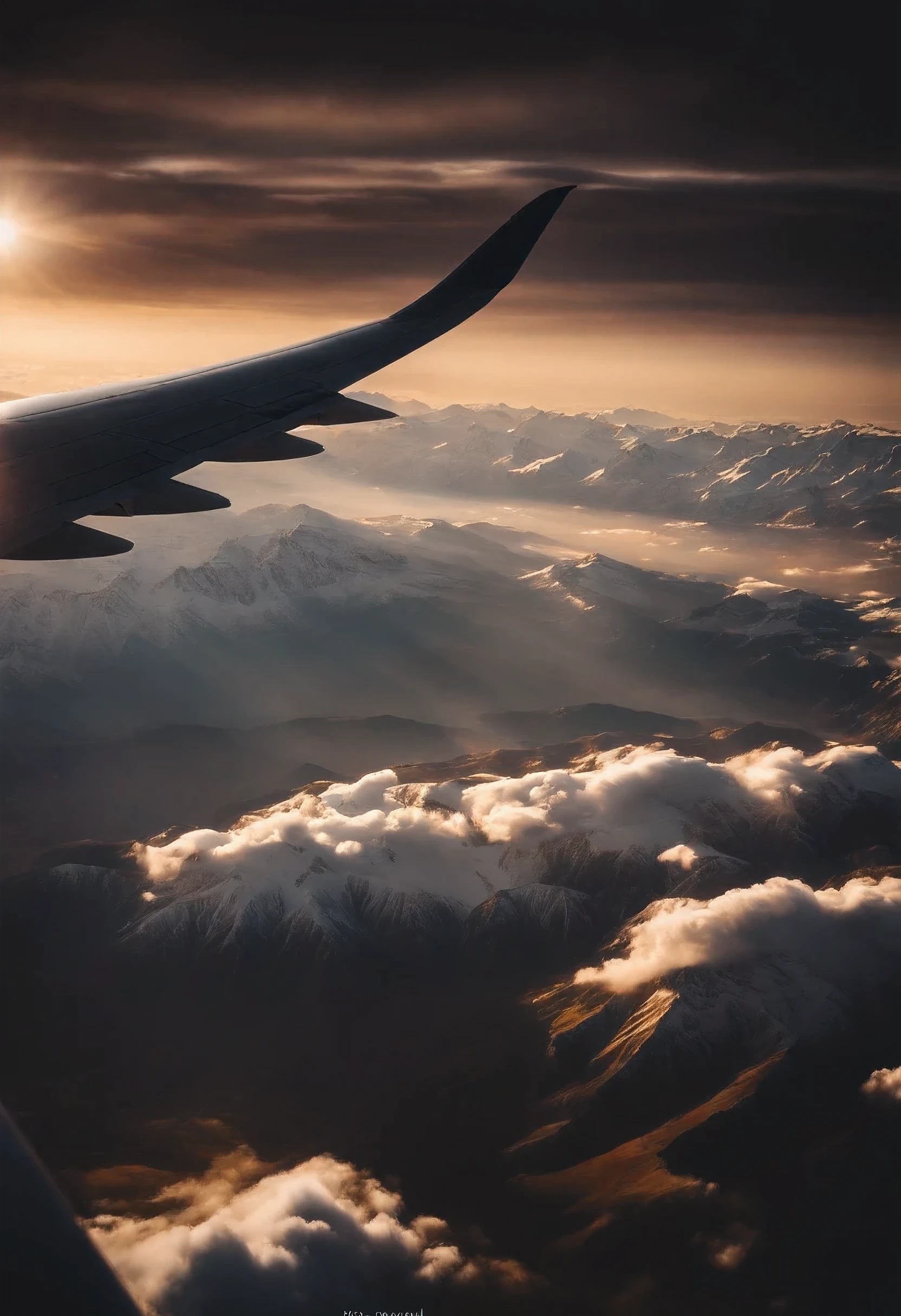 cinematic dramatic epic landscape, aerial view from airplane window,airplane wings are white colour, beautiful fluffy clouds, majestic snow-capped mountains, golden hour sunset lighting, warm glowing colors, highly detailed, photorealistic, 8K, award-winning photograph
