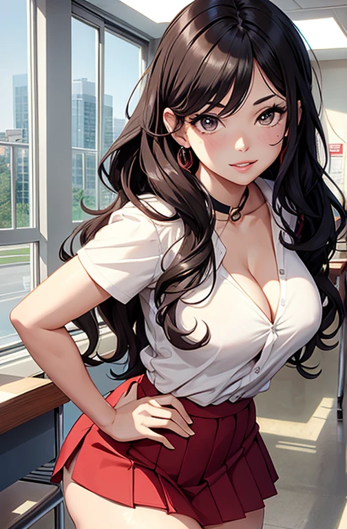 masterpiece, best quality, best lighting, shadows, perfect anatomy, 1 girl, adult anime girl, 21 years old, mature features, showing tits, bitchy face, pretty lips, pretty eyes, black wavy hair, black eyes, seductive eyes, blushing, flirty, pretty smile, tiny red skirt, white tight shirt, classroom background, ass, breast, thighs, seductive, spicy, hot, flirty, nsfw,