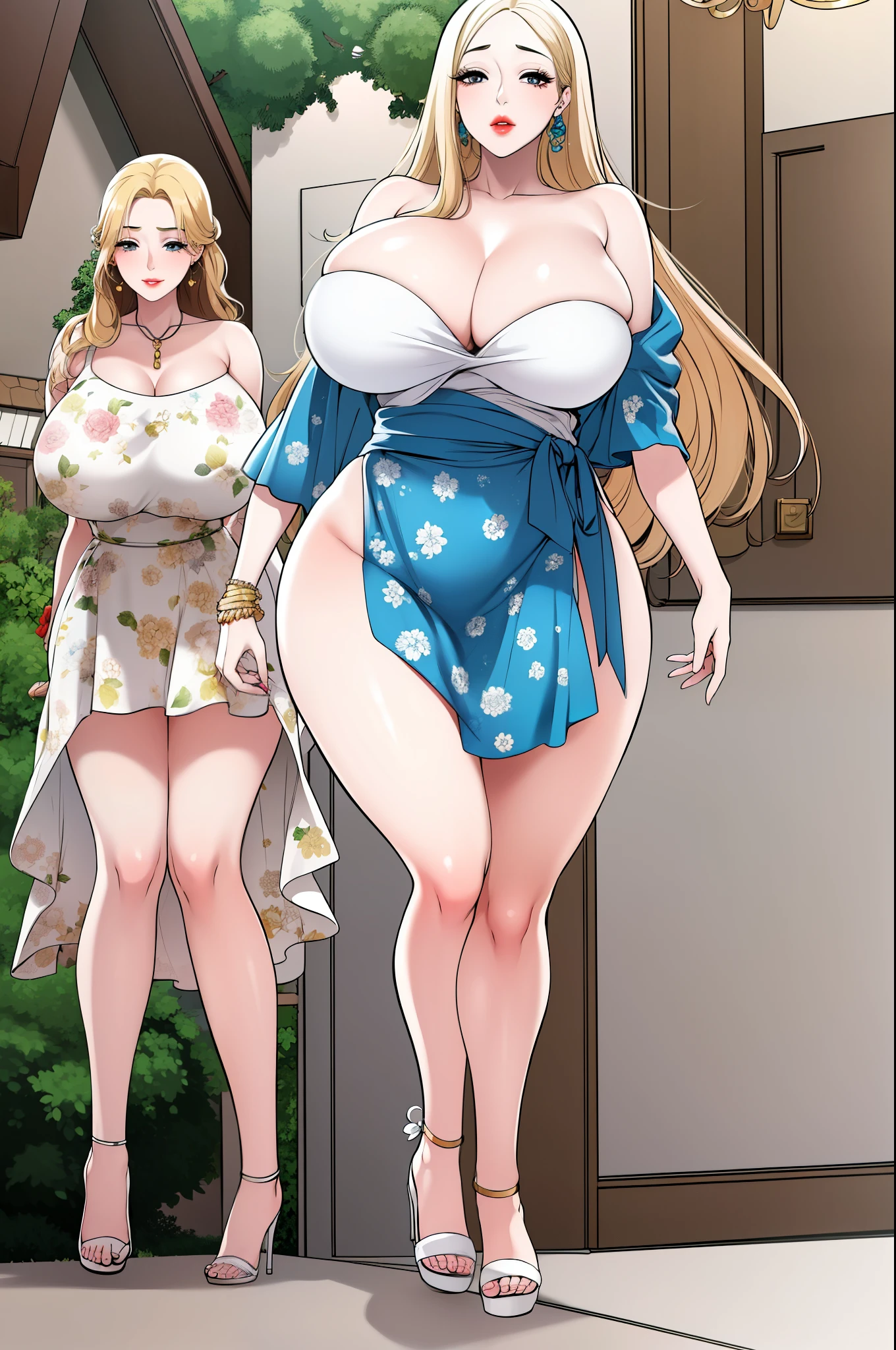 An extremely beautiful busty woman with gold blonde long silky hair, blue oceanic eyes, extremely super bright snow white fair stunning flawless glowing lush shiny white skin, and complexion, a perfect tight hourglass figure, a thick plump ass, cleavage, and perfect hips, wearing a short loose revealing sky blue floral dress with a white sash around waist and a white off-shoulder cardigan, yellow heels, jewelry on the neck, gold bangles on her wrist, and anklets on her legs, gold earrings, a cute adorable smile, pink puffy lips, pink nails, red rose on hair, standing straight, hands joined together, looking at the viewer, big garden in the background, day time, show full body from head to feet.