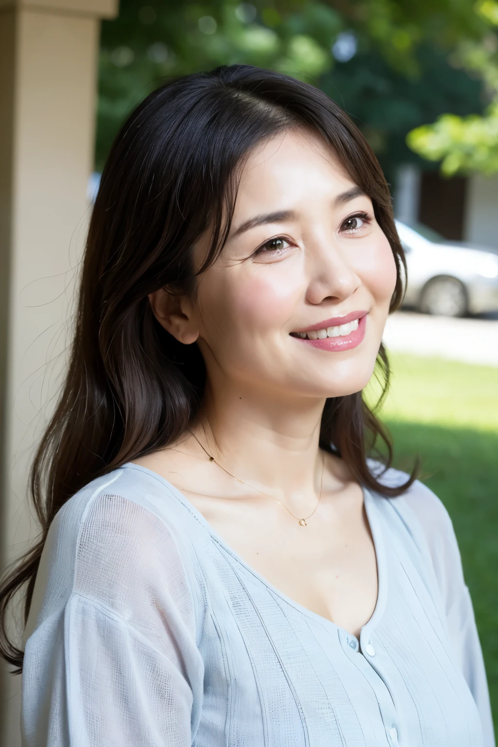 最high quality, In 8K, Masseter muscle area, Lifelike, Sharp focus, high quality, High resolution, Detailed face, Detailed eyes, Thick lips, (Look at the viewers), solo, Middle-aged women, , 60 years old, , Wavy Hair, Cleavage, Wearing a plain short-sleeved knit, Afternoon in front of the park garden, Wrinkles around the eyes, Toothy smile