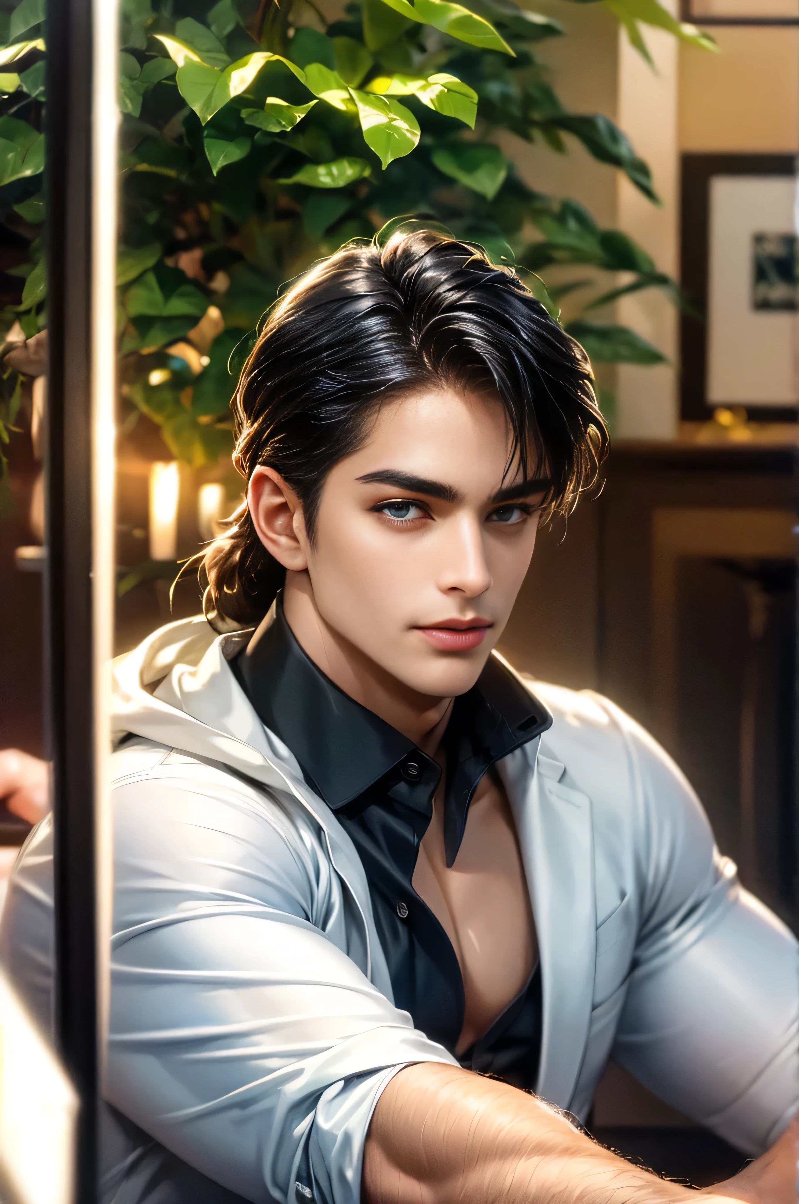 1 man, alone, young handsome man, Latin mulatto skin, attractive features, tan tone skin, dark blue eyes, friendly expression,  man's long haircut medium, black brown hairstyle, small low ponytail at back of head, light beard, casual clothing, urban outfit, black shirt, wearing a white long trench coat, tattoo on arm. emotion: greet, environment: war field