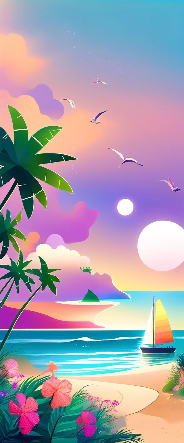 dream resort，pastel tones，Light style，Comfortable and calm，nature，warm and cozy，fluorescent beach，Gentle sunset，beautiful garden，Stunning sea view，beach umbrella，bonfire，