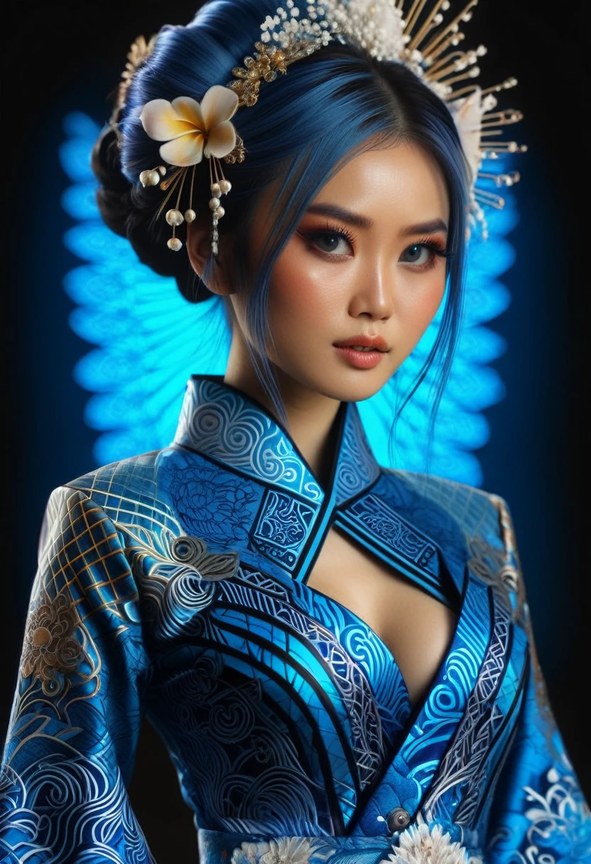 (high quality), (masterpiece), (detailed), 8K, Hyper-realistic digital illustration depicts the (upper body1.3) of a (Japanese woman1.3) with (vibrant blue hair1.5) and (intense blue eyes1.5) wearing a (futuristic kebaya1.2) with (intricate batik patterns1.2) inspired by Indonesian culture. Her (fantasy outfit1.2) is adorned with (glowing accents1.2) and (neon lights1.2), reflecting the modern and futuristic atmosphere. In style of Ash Thorp, trending on DeviantArt.