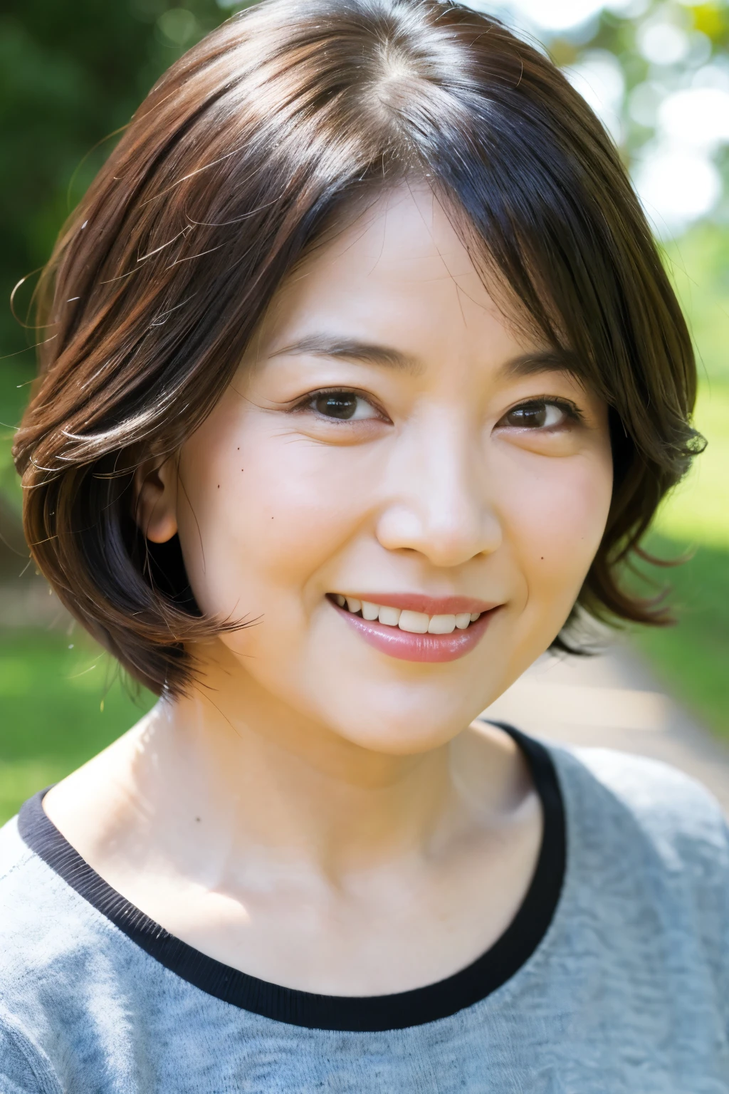 最high quality, In 8K, Masseter muscle area, Lifelike, Sharp focus, high quality, High resolution, Detailed face, Detailed eyes, Thick lips, (Look at the viewers), solo, Middle-aged women, , 60 years old, , Wavy Hair, Cleavage, Wearing a plain short-sleeved knit, Afternoon in front of the park garden, Wrinkles around the eyes, Toothy smile