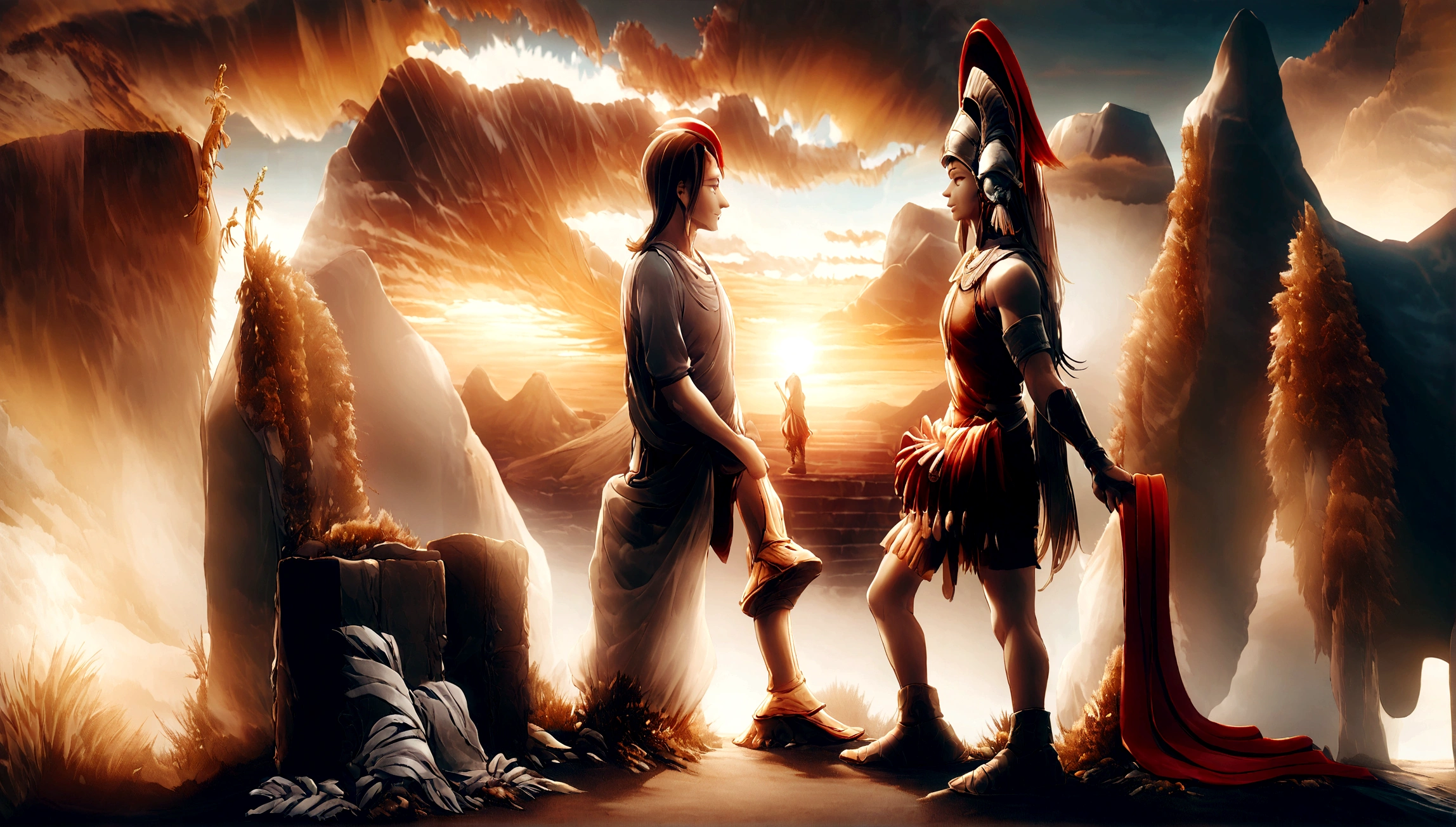 Create image depicts a mystical sunset scene with four mythological figures. On the left is Hades, retratado como uma figura majestosa e poderosa com longos, cabelos grisalhos, wearing a black robe adorned with dark details and holding a scepter. Para o centro-esquerda, Pollux is sitting on a rock, dressed in a simple light gray tunic, de frente para Castor, who is on the center right. Castor is dressed in full Spartan armor, com bronze polido e detalhes em vermelho e dourado, symbolizing their connection to the mortal realm. On the far right is Hermes, the young and agile messenger of the gods, usando uma luz, fluid tunic with golden details, winged sandals, e um capacete alado. Ele segura um caduceu, a staff with two intertwined serpents and wings on top. The background features a golden sunset with mountains and dense fog, creating an atmosphere of enchantment and divine presence. The lighting is soft and dramatic, with golden and orange tones highlighting the scene and giving it an ethereal and reverent mood.