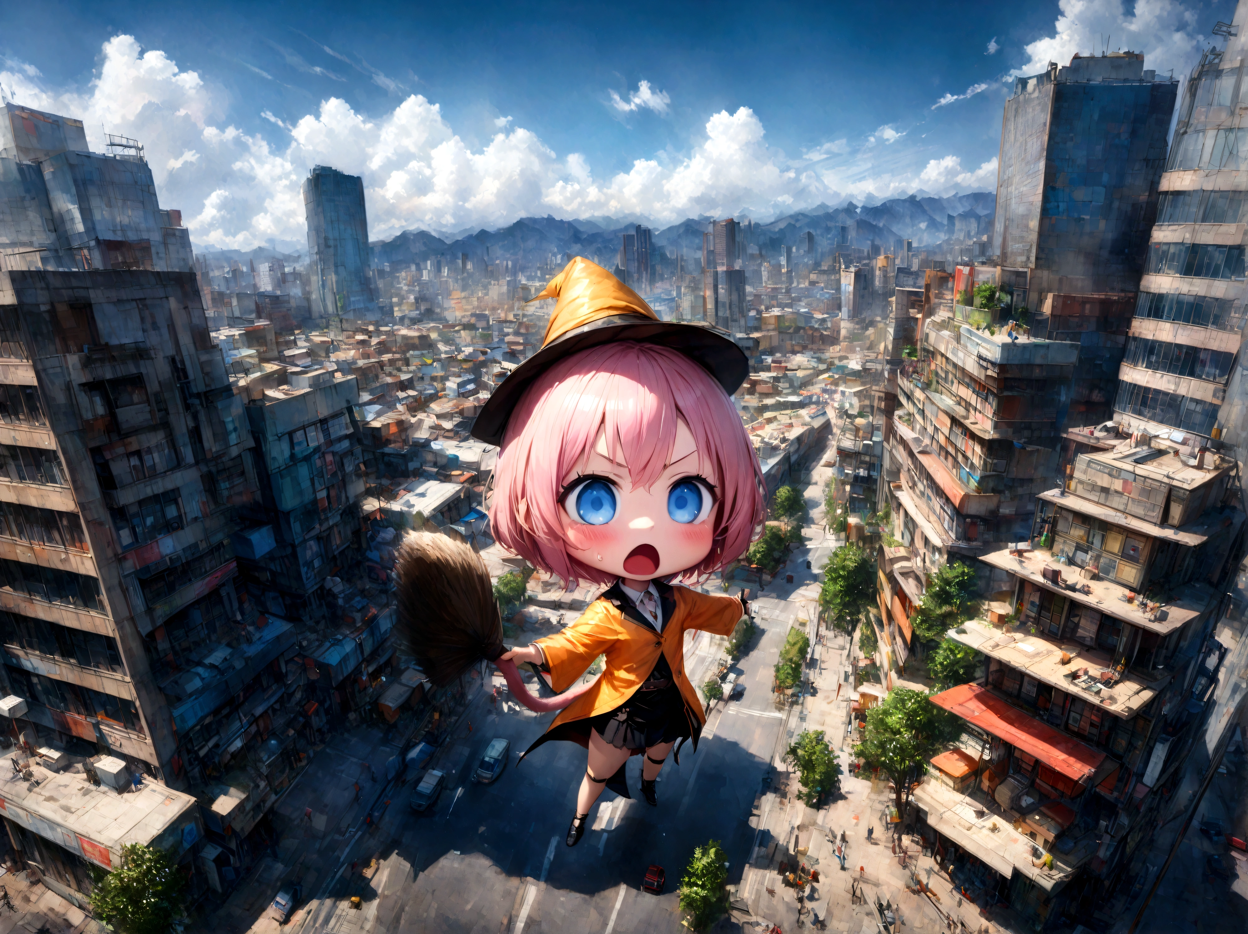 (((Top quality, 4k, 8k, high resolution, masterpiece: 1.2))), (super detailed), (realistic), (photorealistic), (photorealistic: 1.37), (HDR, UHD), (studio (lighting)), ultra-fine drawing, sharp focus, physically based rendering, highly detailed, professional, vibrant colors, perfect ditaile hand, highly detailed realistic eyes, (((Panorama, Aerial view, Distant view))), (((standing on the street in the office building district of a modern metropolis,))), (chibi:1.3), chibi, Super deformed character, 1girl, solo, cute, young, kawaii, handsome female witch, beautiful witch, wizard's hat, wizard's tricorn hat, cat tail, (mouth open, (mouth wide open), screaming), pink hair, short fine hair, bangs, hair between eyes, hair ornament, v-shaped eyebrows, surprised face, blushing, sweat, heavy sweating, blue eyes, no pupils, looking at viewer, arms wide open, legs wide open, holding an old-fashioned broom in one hand,