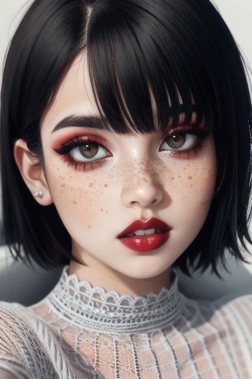 Fr3ckles, grey eyes, freckles, 1girl,  90sgrung3, red makeup, red lips, black hair, short hair with baby bangs, black shirt