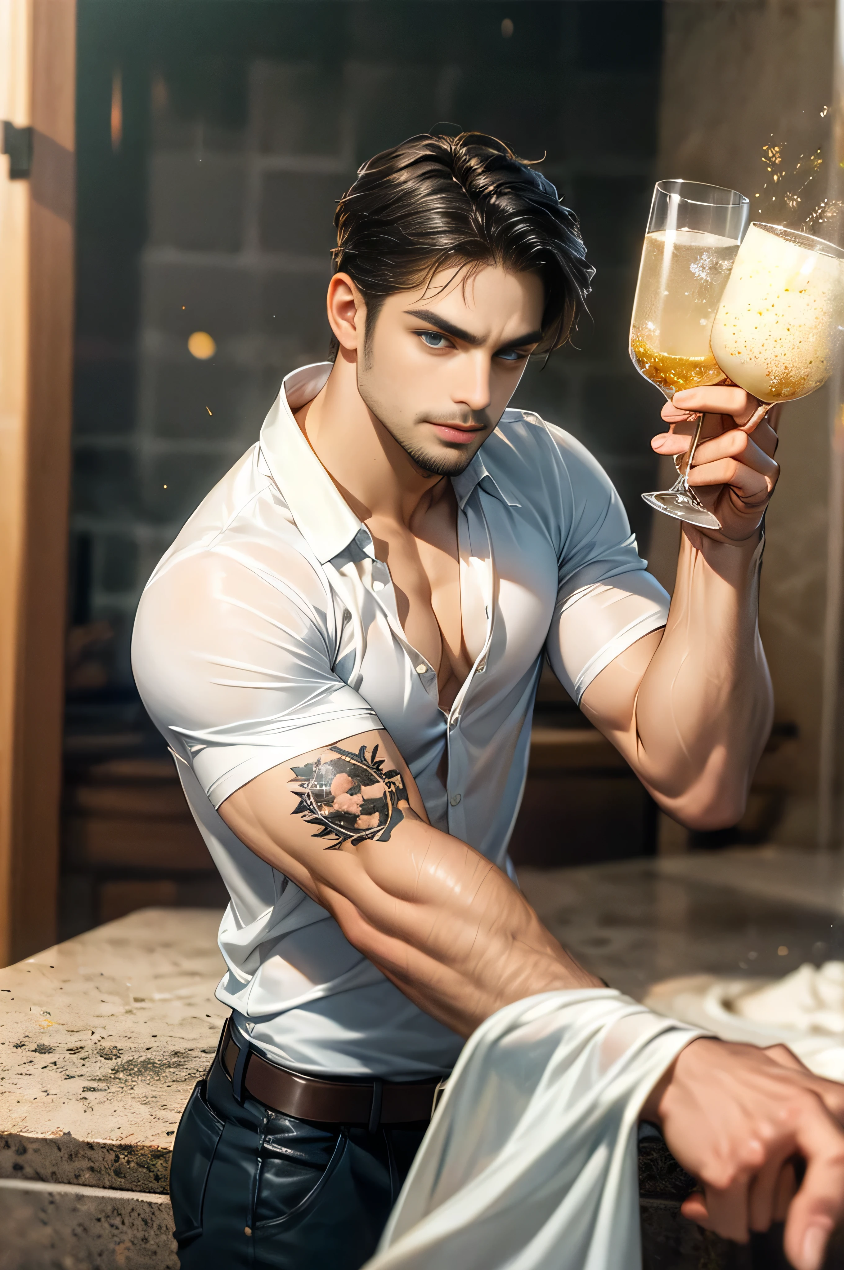 1 man, alone, young handsome man, Latin mulatto skin, attractive features, tan tone skin, dark blue eyes, friendly expression,  man's long haircut medium, black brown hairstyle, small low ponytail at back of head, light beard, casual clothing, urban outfit, black shirt, wearing a white long trench coat, tattoo on arm. emotion: greet, environment: war field