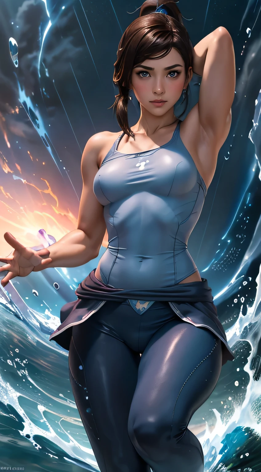 (best quality:1.3), (4k quality),(sharp image), Korra, ((Detailed face)), ((masterpiece face)),((perfect detailed eyes)) (blush), Korra, brown hair,  brown ponytail  hair, blue eyes, pink lips, pink lips, sly face, face with stern features, ((detailed face)), perfect face, highly detailed eyes, masterpiece, absurdres , (intricate details), (colorful),cinematic lighting,extremely detailed CG unity 8k wallpaper , 1girl, solo,mature female, erected ????, fit body, ????????, blue top, dark blue leggings, beach,  smile, ((dark clouds, rainy weather, storm ocean)), ((small erected ??????)), ((fit slim body, wet body)),  standing 