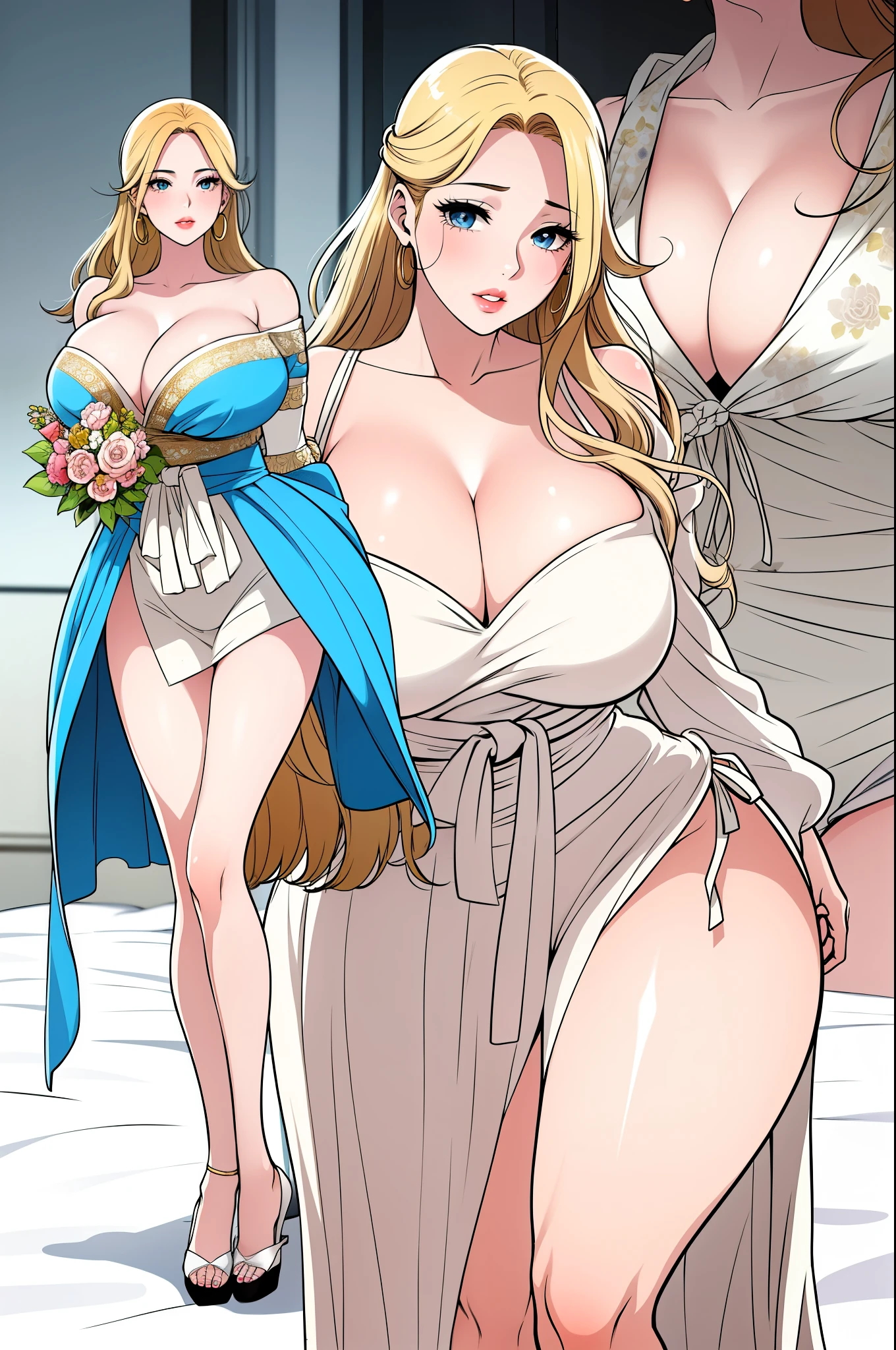An extremely beautiful busty woman with gold blonde long silky hair, blue oceanic eyes, extremely super bright snow white fair stunning flawless glowing lush shiny white skin, and complexion, a perfect tight hourglass figure, a thick plump ass, cleavage, and perfect hips, wearing a short loose revealing sky blue floral dress with a white sash around waist and a white off-shoulder cardigan, yellow heels, jewelry on the neck, gold bangles on her wrist, and anklets on her legs, gold earrings, a cute adorable smile, pink puffy lips, pink nails, red rose on hair, standing straight, hands joined together, looking at the viewer, show full body from head to feet.