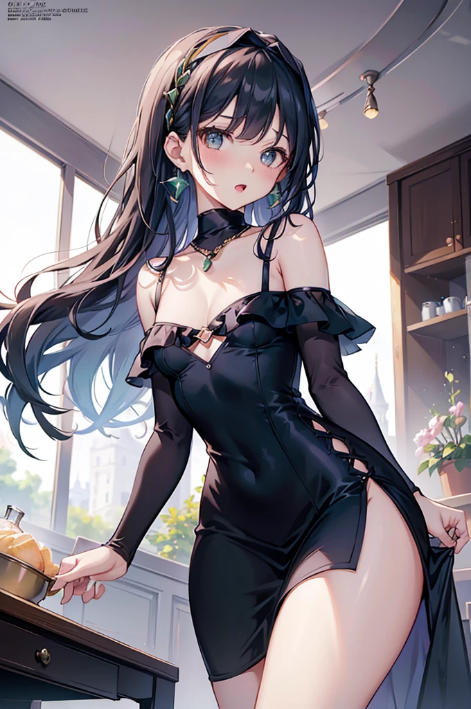 (small breasts:1.3), (perky chest:1.1), (pointed chest:1.0), (fashion magazine cover:1.3),(from below:1.0),(from side:0.9),masterpiece, 1girl, Amazing Cleavage:1.1, thin waist, big ass, Raised sexy, small breast: 1.3, posed cleavage:1.2、solo, looking at viewer, open mouth, have a cute grass of cute beergrass,black hair, dark green eyes, dress, bare shoulders, jewelry, collarbone, sidelocks, hairband, earrings, indoors, off shoulder, :o, sweater, arms behind back, plant, short hair with long locks, gild hairband, off-shoulder dress, sweater dress, off-shoulder sweater, red sweater, dark gord hair, big side hair, very long side hair,is rendered in (masterpiece: 1.2, best quality), with (ultra high resolution) and an exquisite (depth of field). This masterpiece is not only visually stunning but also tells,A scene of cooking in the kitchen by classroom