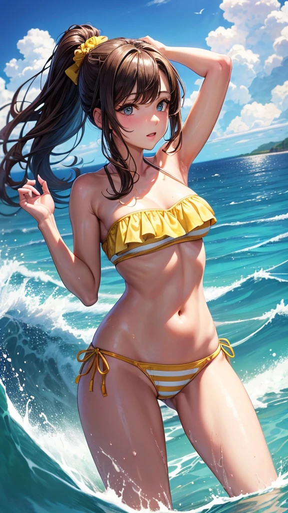 1_girl, solo, sksbrooke person, sksbrooke, (masterpiece:1.2), (best quality:1.2), perfect eyes, perfect face, 1girl, solo, brown eyes, (medium breasts), perky breasts, yellow stripe bandeau top and Brazilian bottom bikini set, beach background, splashing in the water, back turned