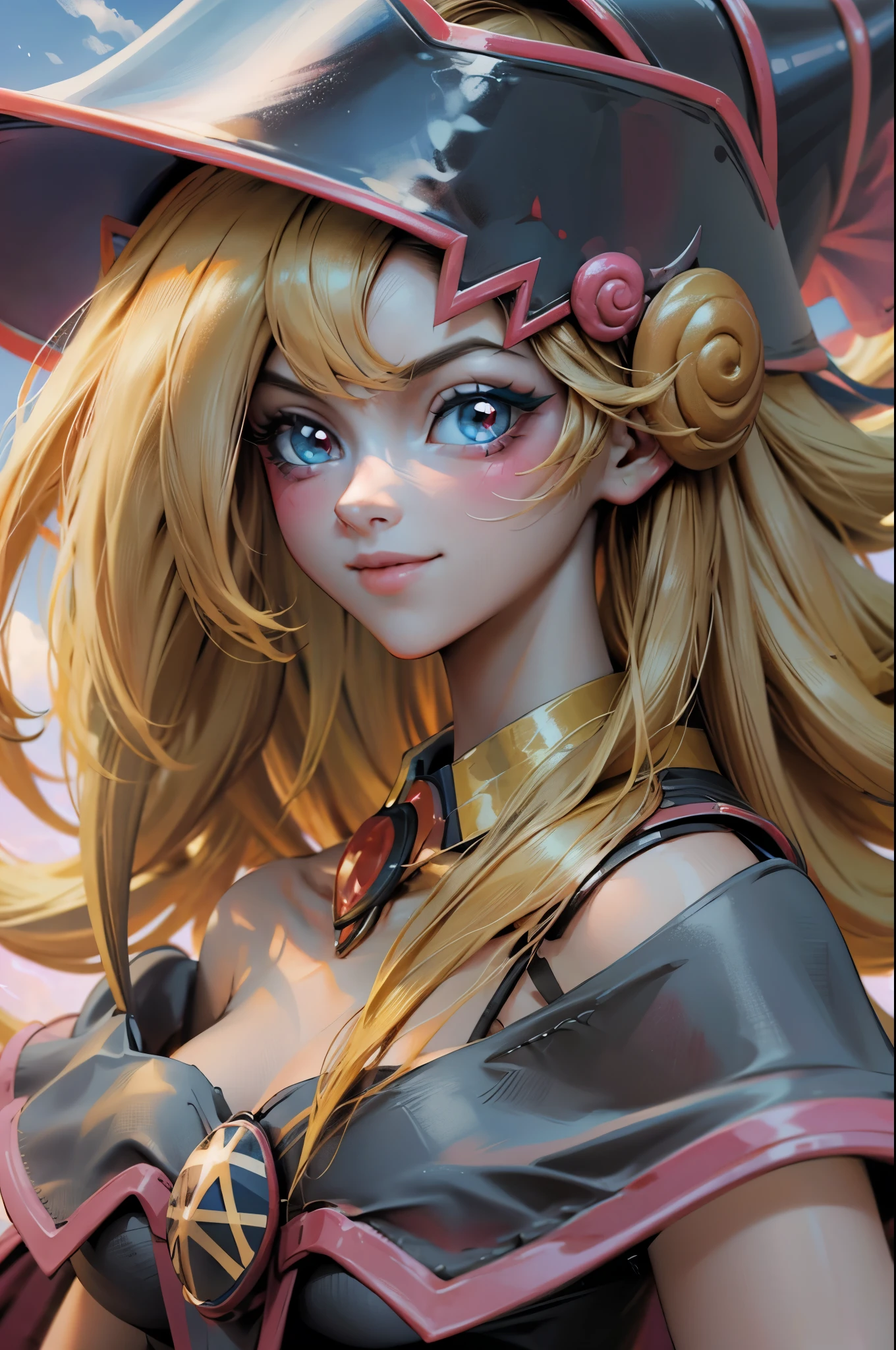 Hermoso rostro de dark magician gils, ojos azules. Labios rosados. Cabello rubio y largo. Ombros descubiertos, sonrisa angelical, hermoso rostro bien detallados de dark magician gils.