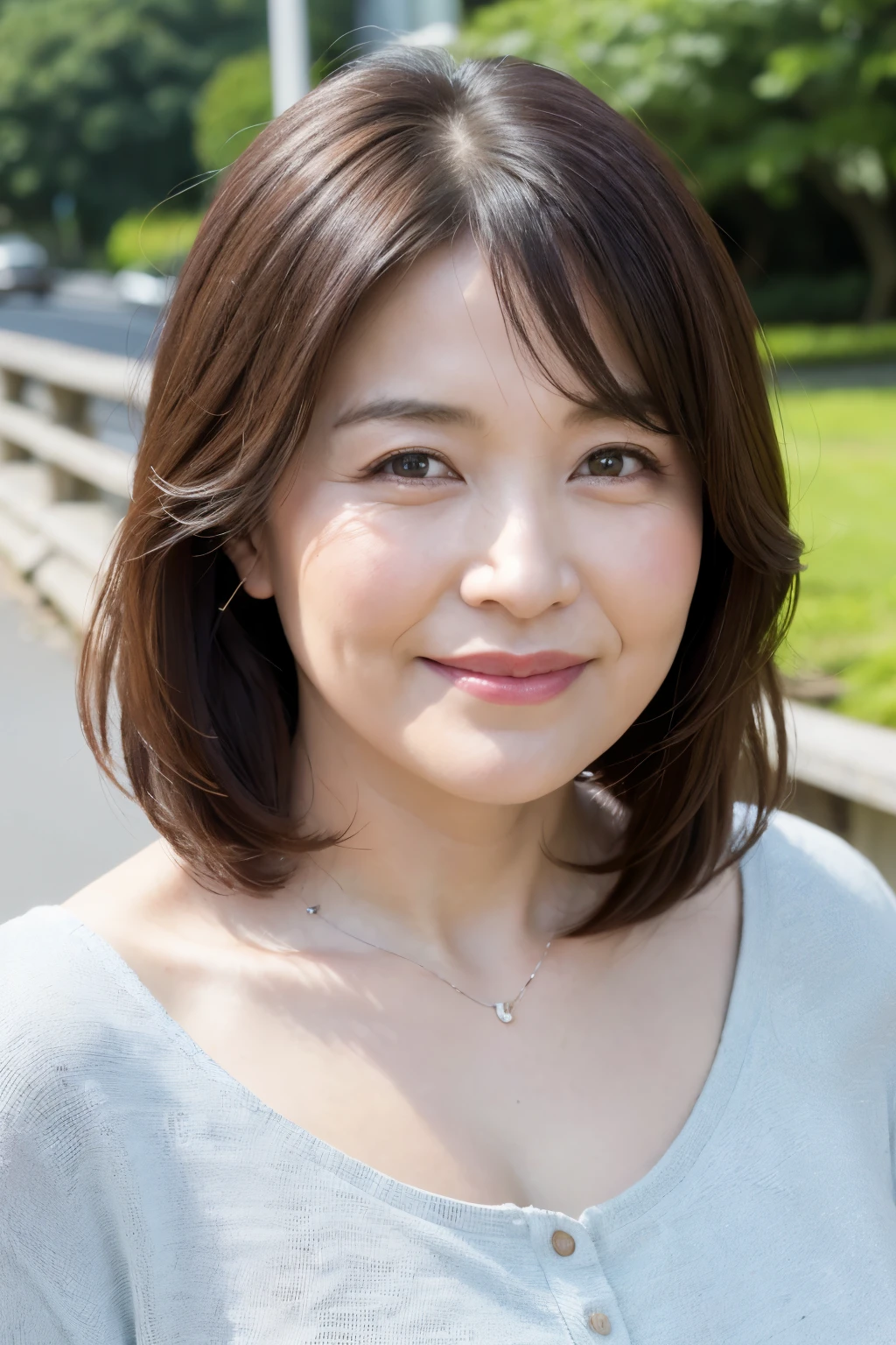 最high quality, In 8K, Masseter muscle area, Lifelike, Sharp focus, high quality, High resolution, Detailed face, Detailed eyes, Thick lips, (Look at the viewers), solo, Middle-aged women, , 60 years old, , Wavy Hair, Cleavage, Wearing a plain short-sleeved knit, Afternoon in front of the park garden, Wrinkles around the eyes, Toothy smile