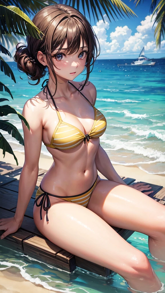 1_girl, solo, sksbrooke person, sksbrooke, (masterpiece:1.2), (best quality:1.2), perfect eyes, perfect face, 1girl, solo, brown eyes, (),  , yellow stripe bandeau top and Brazilian bottom  set, beach background, sitting in the water, back turned 