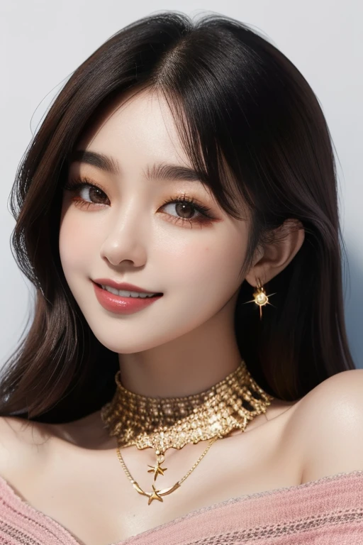 1 girl, 19 years old, south korean, 4k, masterpiece, soft skin, multiple frekles under eyes, long whavy brown hair, pink eyes, red lips, red eyeliners, massively large breast, off shoulder pink top, tattoo on the neck, gold jewels, gold necklase, happy, big smile, portrait, close shot, detailed face, facing camera.