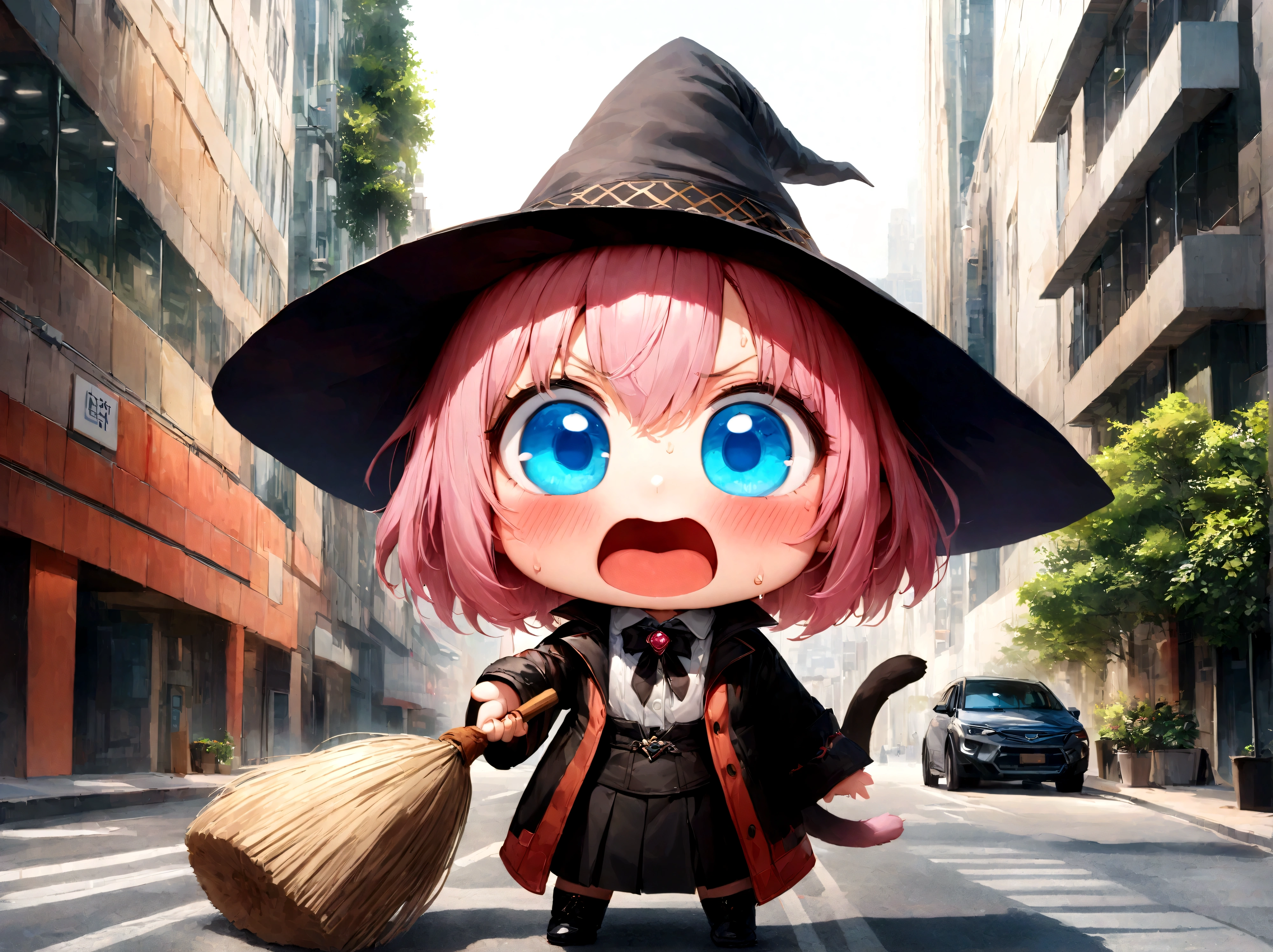 (((Top quality, 4k, 8k, high resolution, masterpiece: 1.2))), (super detailed), (realistic), (photorealistic), (photorealistic: 1.37), (HDR, UHD), (studio (lighting)), ultra-fine drawing, sharp focus, physically based rendering, highly detailed, professional, vibrant colors, perfect ditaile hand, highly detailed realistic eyes, (((standing on the street in the office building district of a modern metropolis,))), (chibi:1.3), chibi, Super deformed character, 1girl, solo, cute, young, kawaii, handsome female witch, beautiful witch, wizard's hat, wizard's tricorn hat, cat tail, (mouth open, (mouth wide open), screaming), pink hair, short fine hair, bangs, hair between eyes, hair ornament, v-shaped eyebrows, surprised face, blushing, sweat, heavy sweating, blue eyes, no pupils, looking at viewer, arms wide open, legs wide open, holding an old-fashioned broom in one hand,