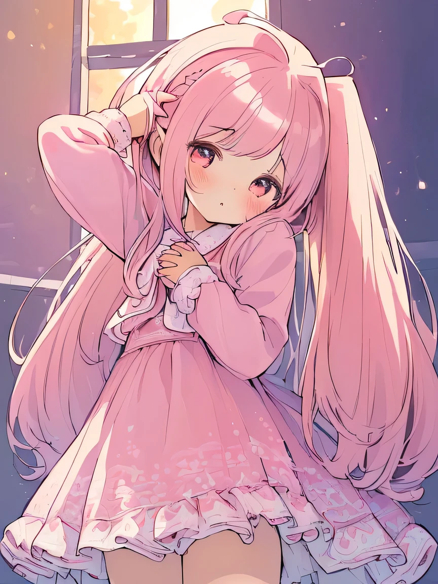 ((masterpiece)), ((best quality)), (ultra-detailed), ((kawaii)), cute, (lovely), illustration, anime style, Cute girl, solo, 1girl, (holding own hairs:1.4), (Hands next to head:2.2), making twin tails, long hair, (holds both sides of own hair at the side of head:1.6).