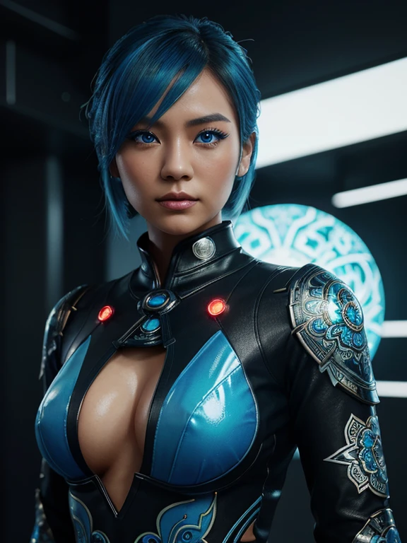 (high quality), (masterpiece), (detailed), 8K, Hyper-realistic digital illustration depicts the (upper body1.3) of a (Japanese woman1.3) with (vibrant blue hair1.5) and (intense blue eyes1.5), topless, sexy, wearing a (futuristic kebaya1.2) with (intricate batik patterns1.2) inspired by Indonesian culture. Her (fantasy outfit1.2) is adorned with (glowing accents1.2) and (neon lights1.2), reflecting the modern and futuristic atmosphere. In style of Ash Thorp, trending on DeviantArt.