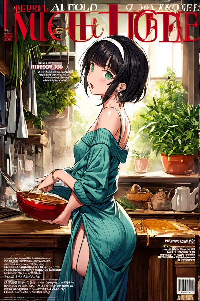(small breasts:1.3), (perky chest:1.1), (pointed chest:1.0), (fashion magazine cover:1.3),(from below:1.0),(from side:0.9),masterpiece, 1girl, Amazing Cleavage:1.1, thin waist, big ass, Raised sexy, small breast: 1.3, posed cleavage:1.2、solo, looking at viewer, open mouth, have a cute grass of cute beergrass,black hair, dark green eyes, dress, bare shoulders, jewelry, collarbone, sidelocks, hairband, earrings, indoors, off shoulder, :o, sweater, arms behind back, plant, short hair with long locks, gild hairband, off-shoulder dress, sweater dress, off-shoulder sweater, red sweater, dark gord hair, big side hair, very long side hair,is rendered in (masterpiece: 1.2, best quality), with (ultra high resolution) and an exquisite (depth of field). This masterpiece is not only visually stunning but also tells,A scene of cooking in the kitchen by classroom