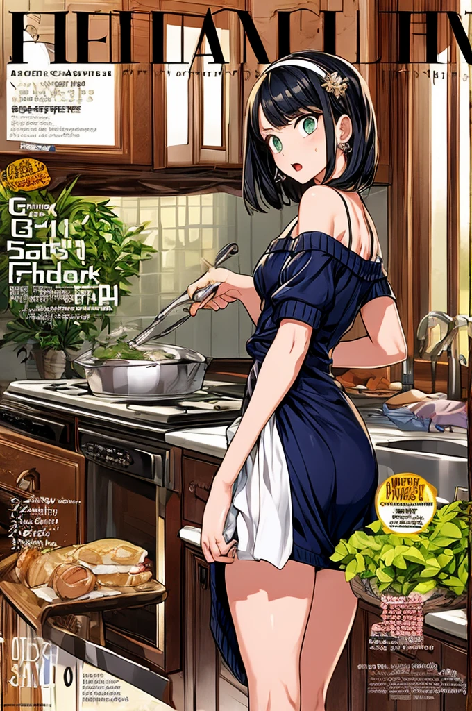 (small breasts:1.3), (perky chest:1.1), (pointed chest:1.0), (fashion magazine cover:1.3),(from below:1.0),(from side:0.9),masterpiece, 1girl, Amazing Cleavage:1.1, thin waist, big ass, Raised sexy, small breast: 1.3, posed cleavage:1.2、solo, looking at viewer, open mouth, have a cute grass of cute beergrass,black hair, dark green eyes, dress, bare shoulders, jewelry, collarbone, sidelocks, hairband, earrings, indoors, off shoulder, :o, sweater, arms behind back, plant, short hair with long locks, gild hairband, off-shoulder dress, sweater dress, off-shoulder sweater, red sweater, dark gord hair, big side hair, very long side hair,is rendered in (masterpiece: 1.2, best quality), with (ultra high resolution) and an exquisite (depth of field). This masterpiece is not only visually stunning but also tells,A scene of cooking in the kitchen by classroom