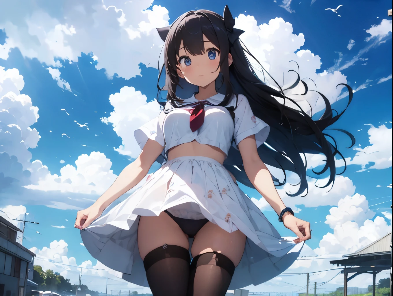 Breasts sticking to a white dress shirt、She lifts her light blue and white checkered skirt with both hands to show off her cute white underwear with ribbons、barefoot、Sandy beach, sea, cumulonimbus clouds and blue sky
