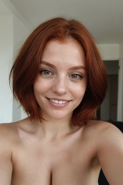 beautiful redhead woman of average appearance, sorridente, dente branco, (looking at the camera:1.4), (mais alta qualidade), (melhor sombra), detalhes intrincados, interior, cabelo ruivo:1.3, Dark studio, cores suaves, sardas