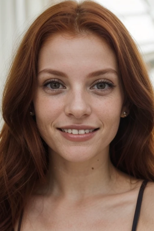 Fashion Model Head and Shoulders aged 35 facing smiling long red hair, eyes-level, good nose, good teeth and good lips