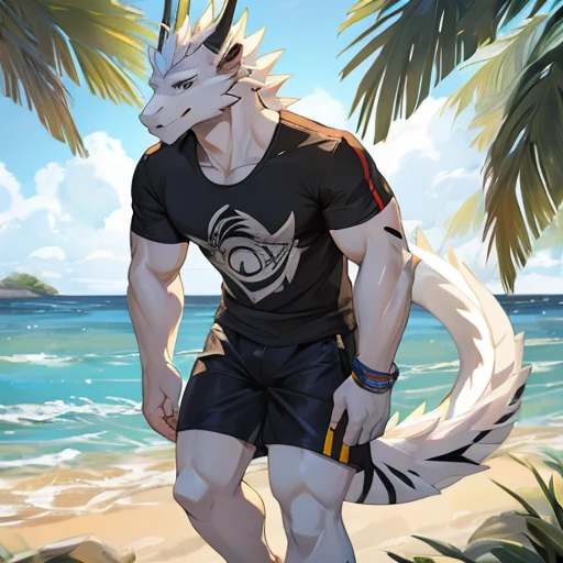 A white dragon (with black stripes all over him) in a T-shirt and shorts