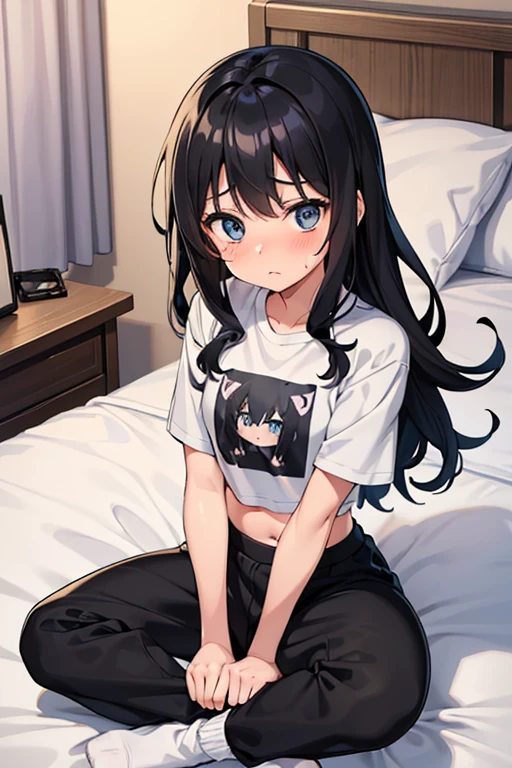 1 girl, 15 years old, anime art style, torso length wavy black hair, light grayish blue eyes, cute girl, small , skinny, thick thighs, wearing an oversized cropped gray tee shirt, wearing light black comfy sweat pants, white socks, flustered expression, mouth open, blushing, sitting in bed.