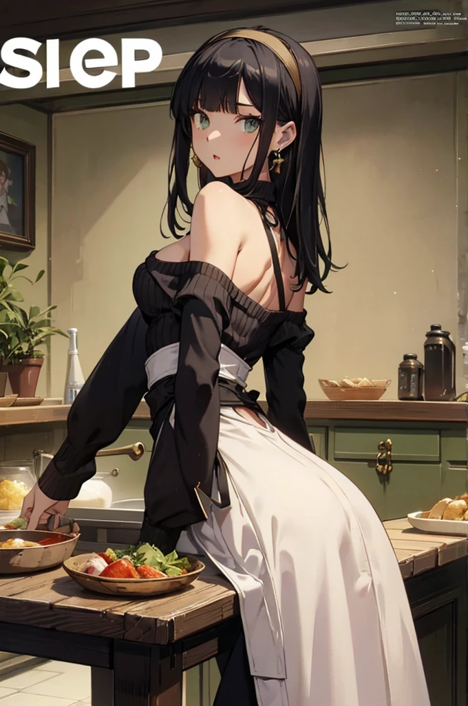 (small breasts:1.3), (perky chest:1.1), (pointed chest:1.0), (fashion magazine cover:1.3)，(from below:1.0),(from side:0.9),masterpiece, 1girl, Amazing Cleavage:1.1, thin waist, big ass, Raised sexy, small breast: 1.3, posed cleavage:1.2、solo, looking at viewer, open mouth, have a cute grass of cute beergrass,black hair, dark green eyes, dress, bare shoulders, jewelry, collarbone, sidelocks, hairband, earrings, indoors, off shoulder, :o, sweater, arms behind back, plant, short hair with long locks, gild hairband, off-shoulder dress, sweater dress, off-shoulder sweater, red sweater, dark gord hair, big side hair, very long side hair,is rendered in (masterpiece: 1.2, best quality), with (ultra high resolution) and an exquisite (depth of field). This masterpiece is not only visually stunning but also tells,A scene of cooking in the kitchen by classroom
