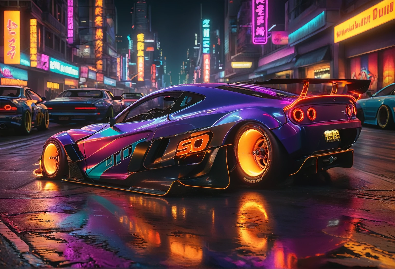 "A hyper-detailed, photorealistic scene of heavily tuned 1car First plan inspired by NFS and Fast & Furious, set in a bustling urban environment at night. The cars, with their sleek, aerodynamic designs, boast vibrant paint jobs, intricate decals, and powerful spoilers. Neon underglow lights illuminate the pavement, casting a vivid array of colors. The scene captures the essence of high-octane street racing, with each car's custom rims, low-profile tires, and roaring exhausts adding to the adrenaline-fueled atmosphere. The background features a cityscape with towering skyscrapers, neon signs, and bustling nightlife.
The dynamic lighting and shadows highlight the cars' polished exteriors, while the cool, crisp air of a spring night enhances the overall ambiance. The composition exudes energy and excitement, inviting viewers to immerse themselves in the world of high-speed, street racing"