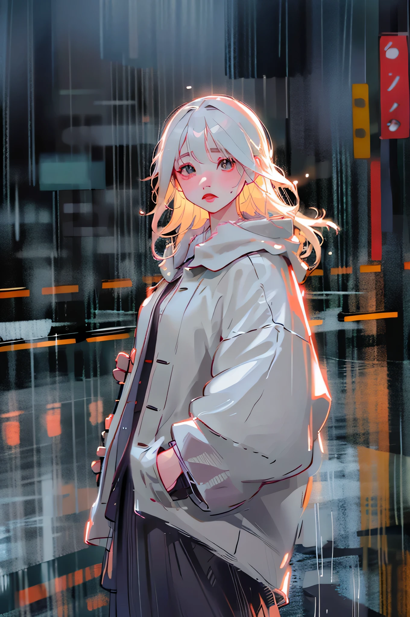 a girl in a rainy night city, wearing a coat with hands in pockets, beautiful detailed eyes, white hair, beautiful detailed lips, extremely detailed face and portrait, long eyelashes, moody atmosphere, cinematic lighting, rainy wet street, neon signs, dramatic lighting, muted color palette, (best quality,4k,8k,highres,masterpiece:1.2),ultra-detailed,(realistic,photorealistic,photo-realistic:1.37),cinematic,moody,dramatic