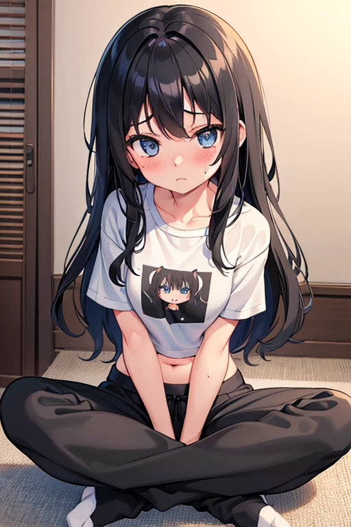 1 girl, , anime art style, torso length wavy black hair, light grayish blue eyes, cute girl, small , skinny, thick thighs, wearing an oversized cropped gray tee shirt, wearing light black comfy sweat pants, white socks, flustered expression, mouth open, blushing, sitting.