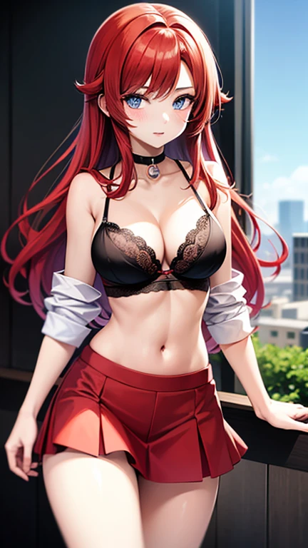 An anime girl with red hair and blue eyes wearing a skirt and an open shirt revealing a black and red lace bra