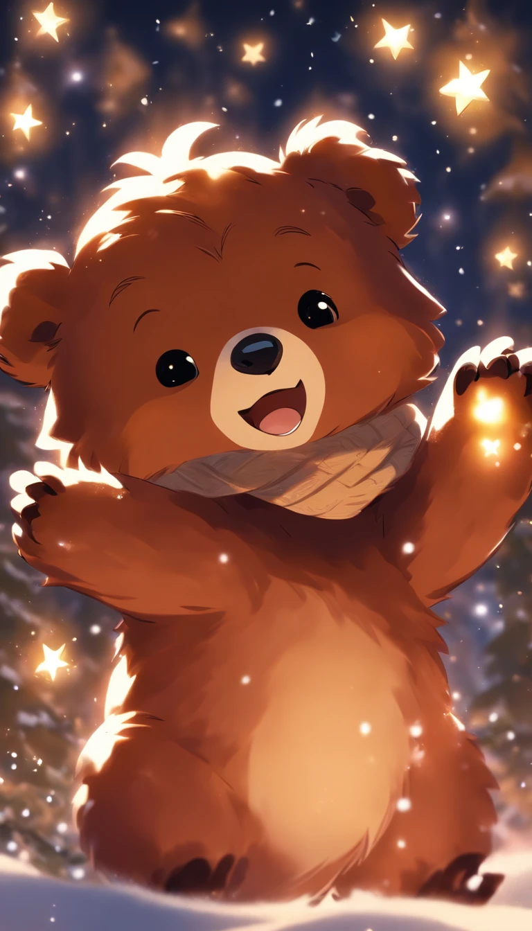 Kids Illustration,Silent Night, Quiet snow piled up Snow falling in the wind,Cute and cute brown baby bear、 Flying fireflies,((OC rendering))