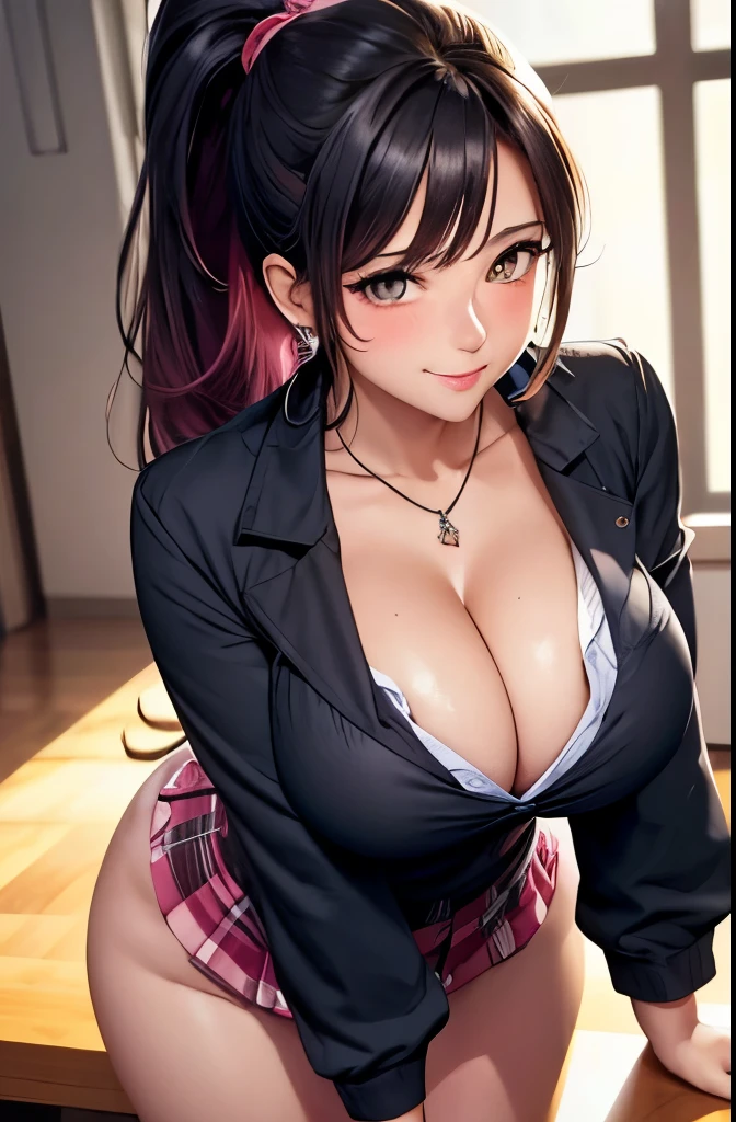 hair in a high ponytail, busty, cleavage, unbuttoned , skirt, standing, smiling, (blushing:1.3), looking invitingly at the viewer, facing the viewer, classroom background, leaning forward on table, (pov), glowing eyes, necklace, earrings, nsfw, 