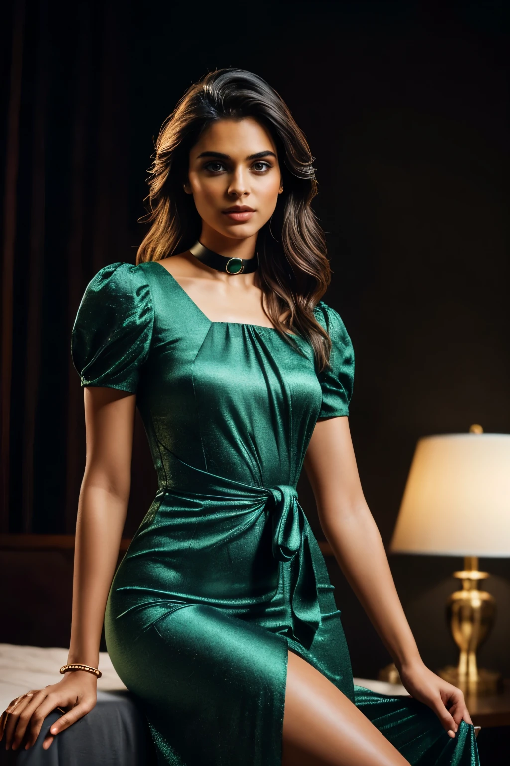 In this photograph, an Indian Instagram female model in her mid-20s takes center stage. , (highly detailed face:1.4) (smile:0.7) (backround 5 star hotel , moody, private study:1.OV, by lee jeffries, nikon d850, film stock photograph ,4 kodak portra 400 ,camera f1.6 lens ,rich colors ,hyper realistic ,lifelike texture, dramatic lighting , cinestill 800, realistic, wearing peacock green combination dobby weave self design fit & flare dress Sweetheart neck Short, puff sleeve Tie-up detail on back Above knee length in flounce hem Attached Lining Chiffon fabric, actress, karla ortiz, posing!!, candid picture, by Max Dauthendey,Completing the aesthetic, the model wears a slave collar with a chain around her neck. The photograph is meticulously captured in 8K resolution using cutting-edge techniques such as Cinema 4D and Octane Render, resulting in a highly detailed and photorealistic image. Studio lighting, HDR, and a smoky mist create a captivating ambiance, while the bokeh effect adds an artistic touch.