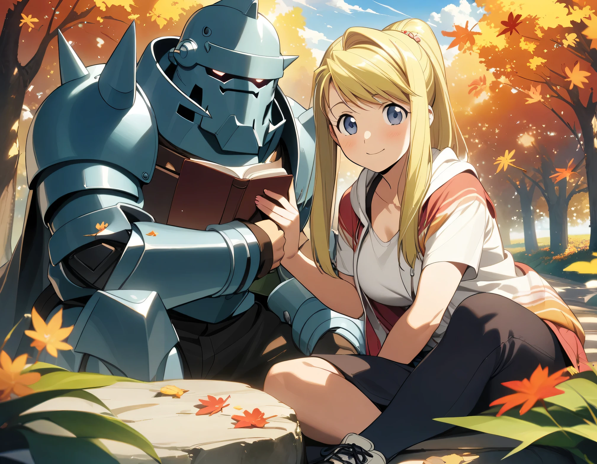 1boy, 1girl, Alphonse Elric, Winry Rockbell, Fullmetal Alchemist, masterpiece, best quality, very aesthetic, absurdres, (spring, summer, autumn, winter),  looking at viewer, anime