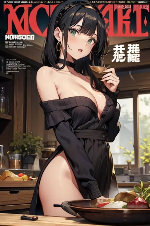 (small breasts:1.3), (perky chest:1.1), (pointed chest:1.0), (fashion magazine cover:1.3)，(from below:1.0),(from side:0.9),masterpiece, 1girl, Amazing Cleavage:1.1, thin waist, big ass, Raised sexy, small breast: 1.3, posed cleavage:1.2、solo, looking at viewer, open mouth, have a cute grass of cute beergrass,black hair, dark green eyes, dress, bare shoulders, jewelry, collarbone, sidelocks, hairband, earrings, indoors, off shoulder, :o, sweater, arms behind back, plant, short hair with long locks, gild hairband, off-shoulder dress, sweater dress, off-shoulder sweater, red sweater, dark gord hair, big side hair, very long side hair,is rendered in (masterpiece: 1.2, best quality), with (ultra high resolution) and an exquisite (depth of field). This masterpiece is not only visually stunning but also tells,A scene of cooking in the kitchen by classroom
